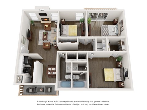Floor plan for 3 beds, 2 baths, 1061 sqft